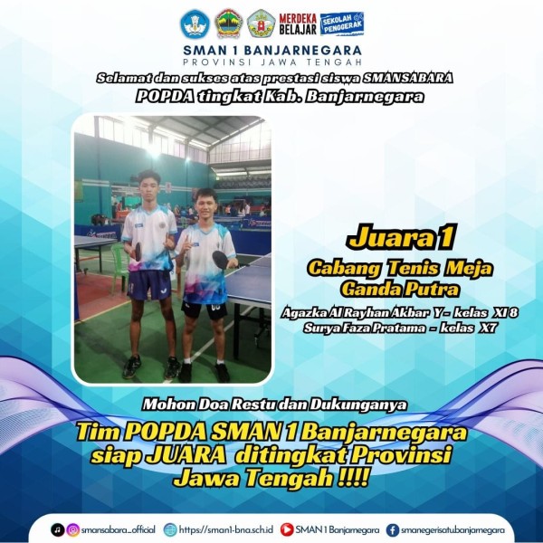 Smansabara sabet juara I Tenis meja Putra POPDA Kabupaten Banjarnegara